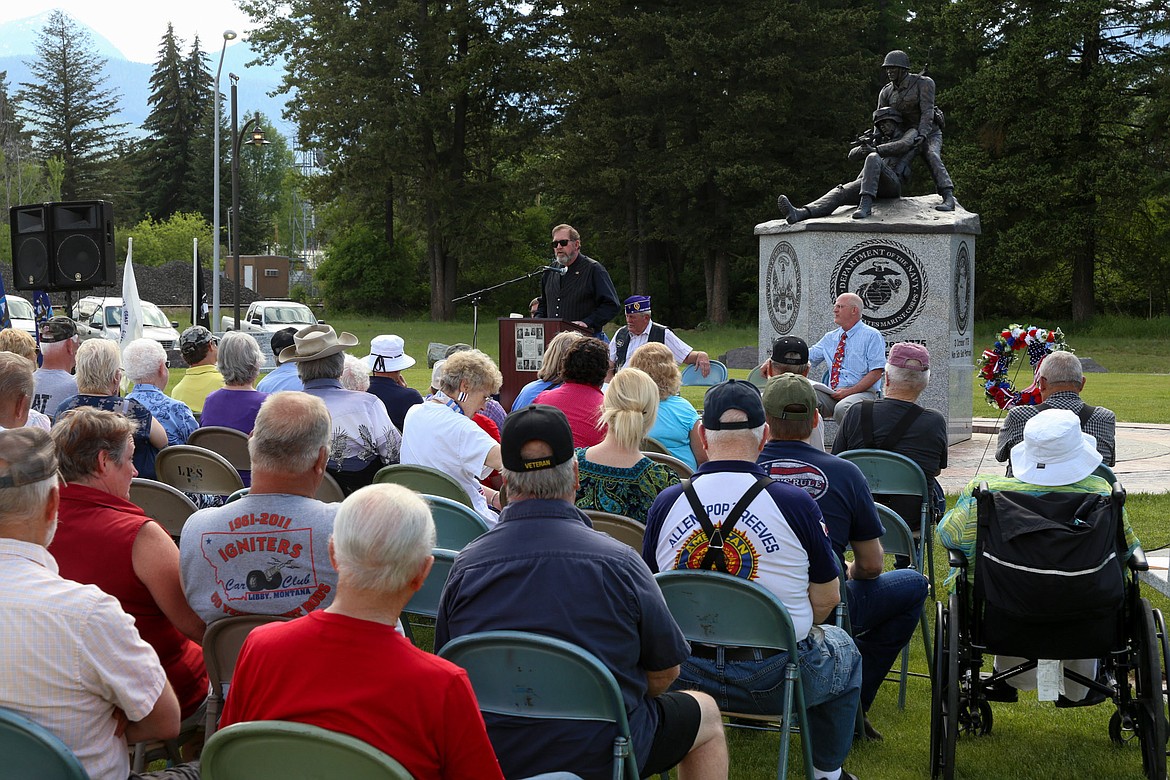 Lincoln County Commissioner Mark Peck speaks at a Memorial Day ceremony at the Veterans Memorial in Libby Monday evening, May 29, 2017. (John Blodgett/The Western News)