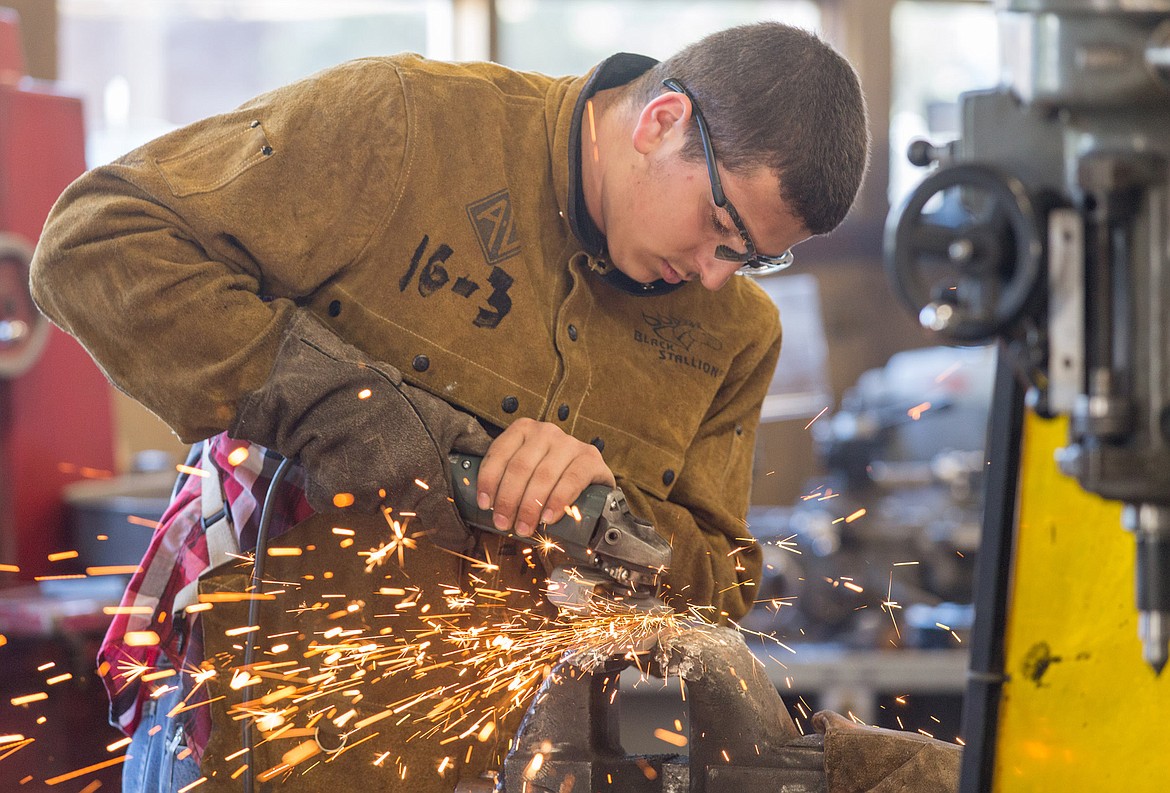 Jaron Graziano welds during a class at Libby High School Friday, May 19, 2017. (John Blodgett/The Western News)