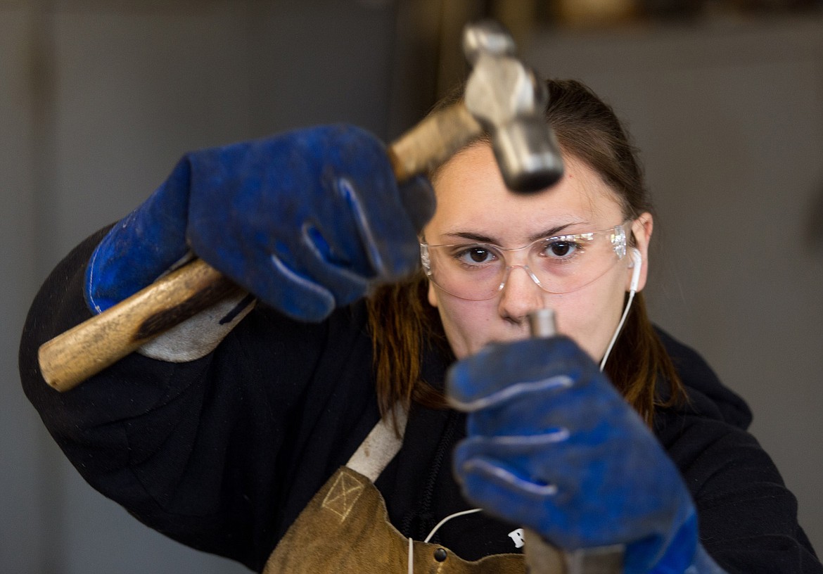 Missy Vandeberg takes part in a welding certification test at Libby High School Friday, May 19, 2017. She and Terina Wisdom were the first two girls to pass the certification. (John Blodgett/The Western News)