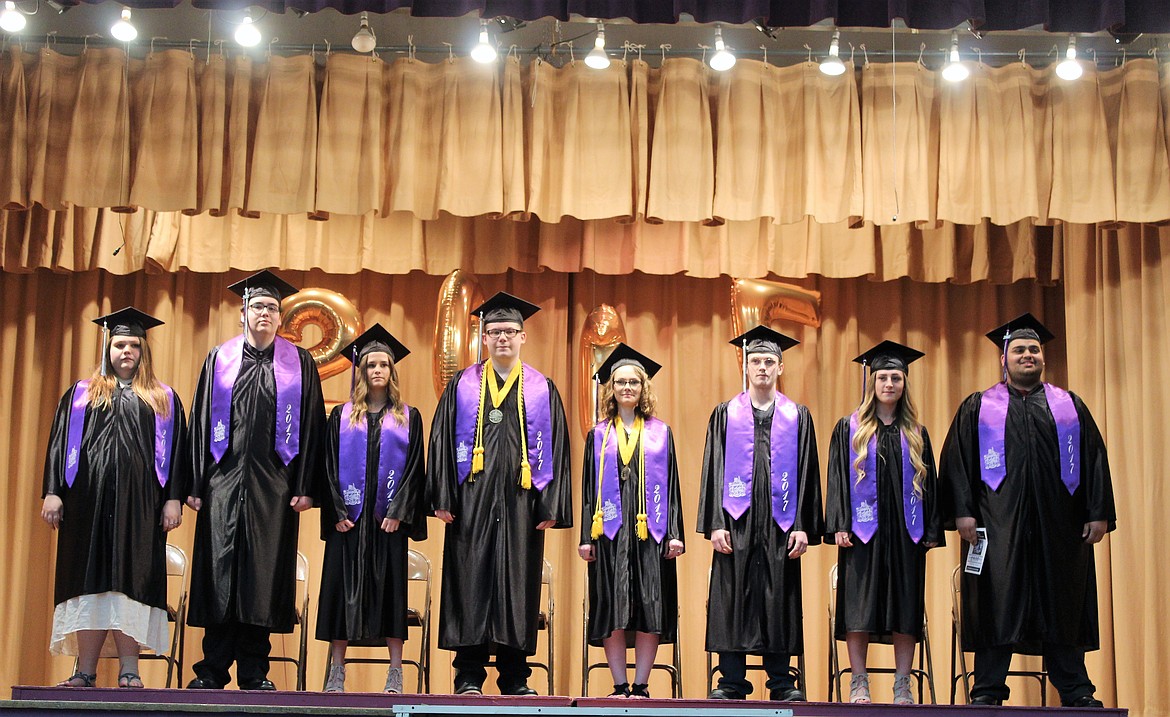 The eight graduating Mullan High School seniors. From left: Natalee Lake, Noah Butterfield, Andie Auger, Sam Polla, Kyrie White, AJ Valentine, Yazmin Gallaway, and Ben Hernandez.