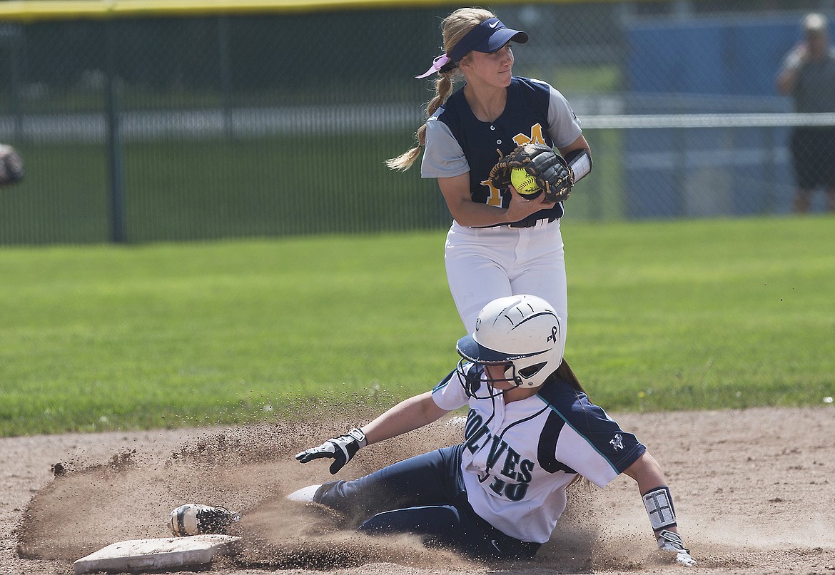 LISA JAMES/Press
Bailey Cavanagh of Lake City clears 2nd as Lexi Knauss of Meridian catches the pass from first during the third inning of the first of the 5A State Championship games at Coeur D&#146;Alene High School on Friday. Lake City won 8-2  to advance to the next bracket.