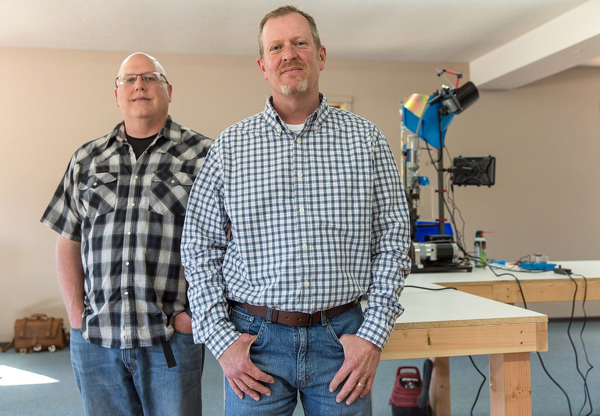 Phil Alspaw, left, and Chad Collins stand in KRA Ammunition’s facility on Highway 2 in Libby Friday, May 19, 2017. (John Blodgett/The Western News)