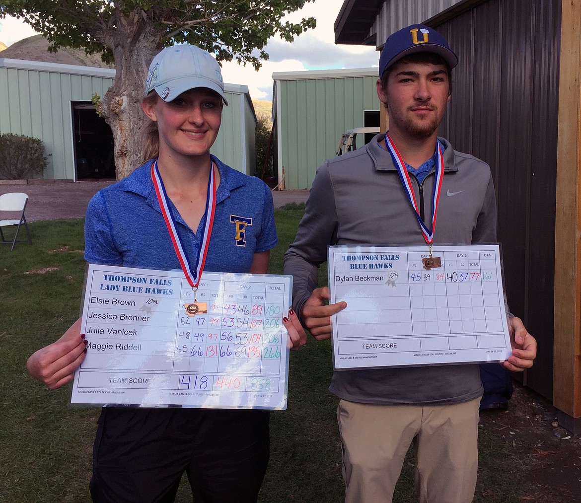 THOMPSON FALLS golfers Elsie Brown (left) and Dylan Beckman (right) poses after they both captured all-state honors Tuesday through Thursday at the Class B state golf tournament at the Marias Valley Golf and Country Club. (submitted photo)