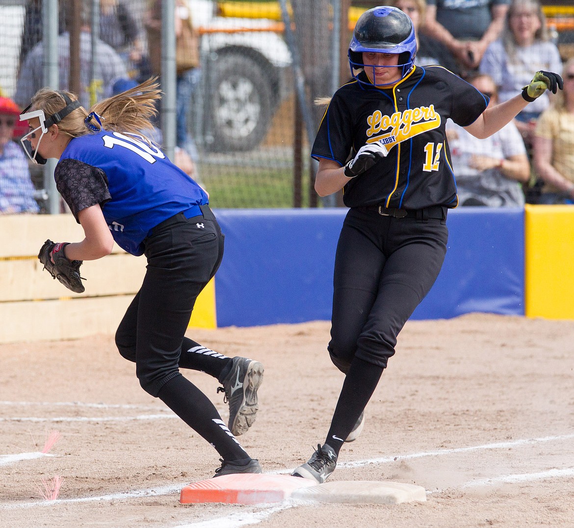 Libby&#146;s Abbey Ennenga reaches first base Friday on an error by Mission shortstop Frankie Smith. (John Blodgett/The Western News)