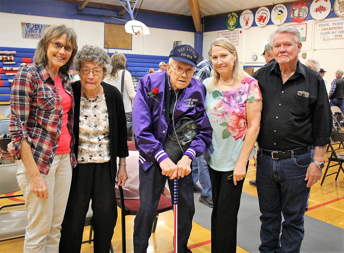 WWII veteran, Norris Grunhuvd, 91, was the guest of honor during this year&#146;s Veteran Appreciation event. He was with his wife Dorian (left), daughter Linda Dennis (far left), daughter Carol Wilson (right) and son-in-law, Gilbert Wilson (far right). (Kathleen Woodford/Mineral Independent).