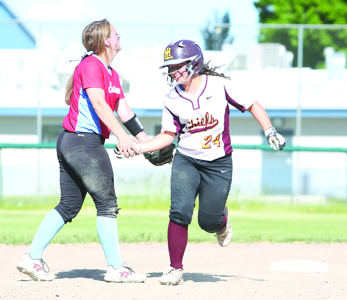 Connor Vanderweyst/Columbia Basin Herald
Moses Lake's Brooklyn Bailey (24) rounds second base after a home run.