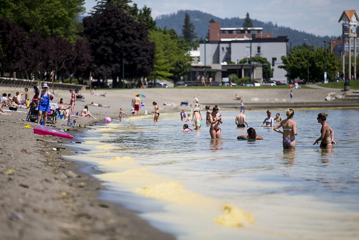 LOREN BENOIT/Press
Beachgoers wade in Lake Coeur d&#146;Alene as pollen collects along the shoreline of City Beach Tuesday afternoon. Warmer weather has caused an increase in the yellow pine pollen, with grass pollen also causing eye and nose irritation for area residents.