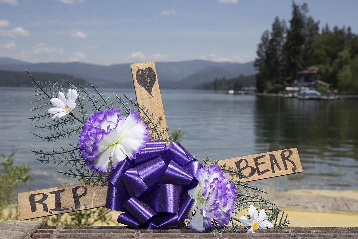 LISA JAMES/Press
A memorial rests in a Hayden Lake drainage grate for Missy Holbrook&#146;s dog, Bear, at the spot where Bear drowned after being pulled down against a drainage grate on Monday.