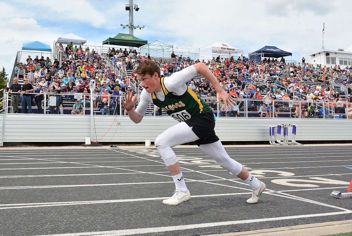 Tyler Cote takes off from the block in the 400m run during the Class A state track meet last weekend in Laurel. (Photo courtesy Jeff Doorn)