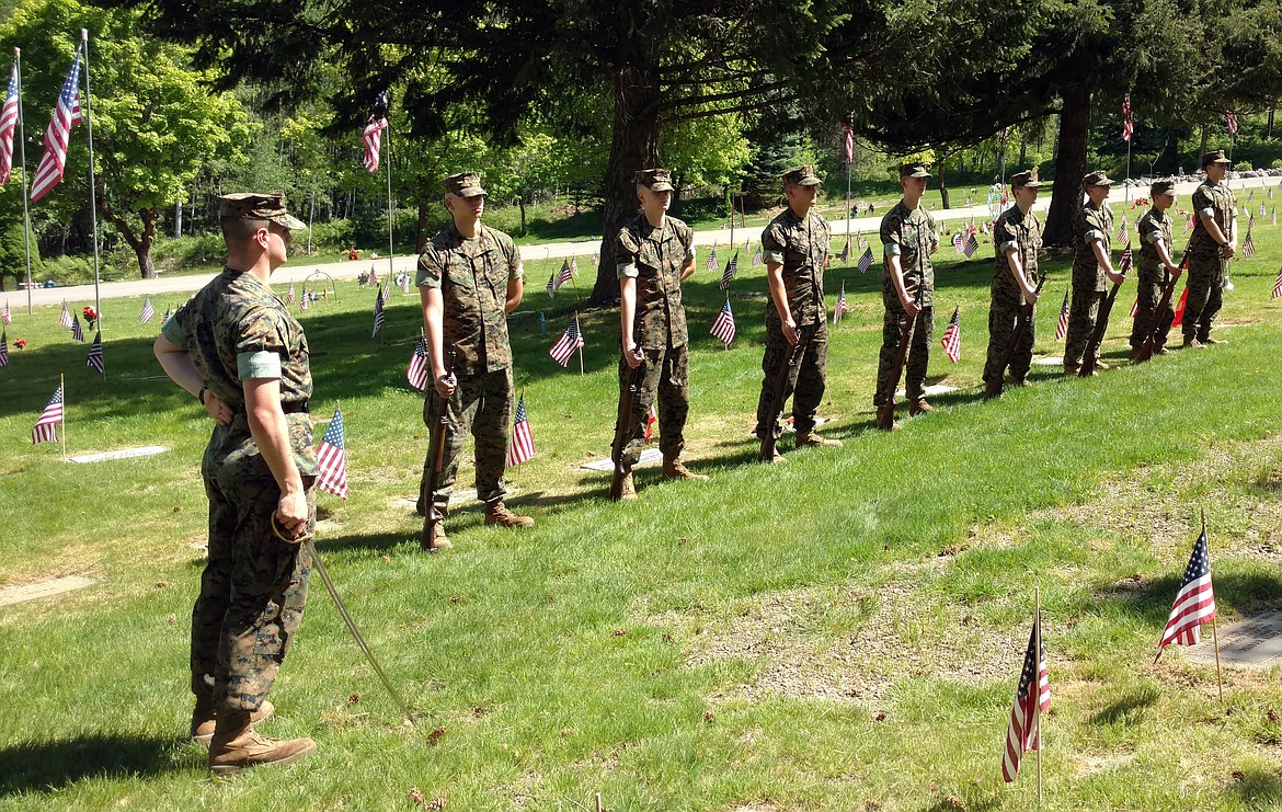 Photo by Josh McDonald
Cadet Major Bailey Haynie leads the members of Kellogg High School’s Marine Corps JROTC honor guard following their 21-gun salute at Greenwood Cemetery in Kellogg.
