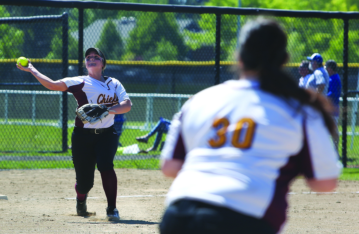 Connor Vanderweyst/Columbia Basin Herald
Kaylee Valdez makes a throw from third base to Paige Valdez at first base.