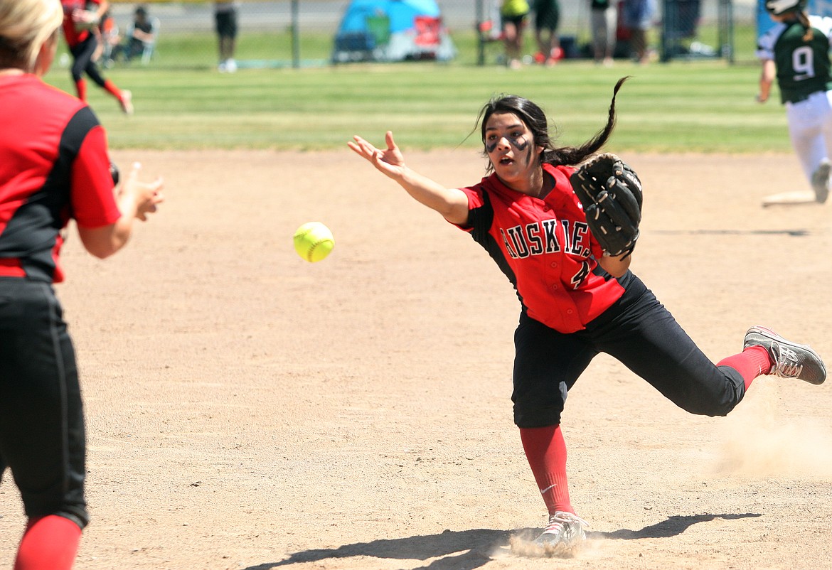 Rodney Harwood/Columbia Basin HeraldOthello second baseman Janissa Garza makes the underhand toss to Cayleen Garza during the second inning of Friday's game against Port Angeles at the 2A state softball championships at Carlon Park in Selah.