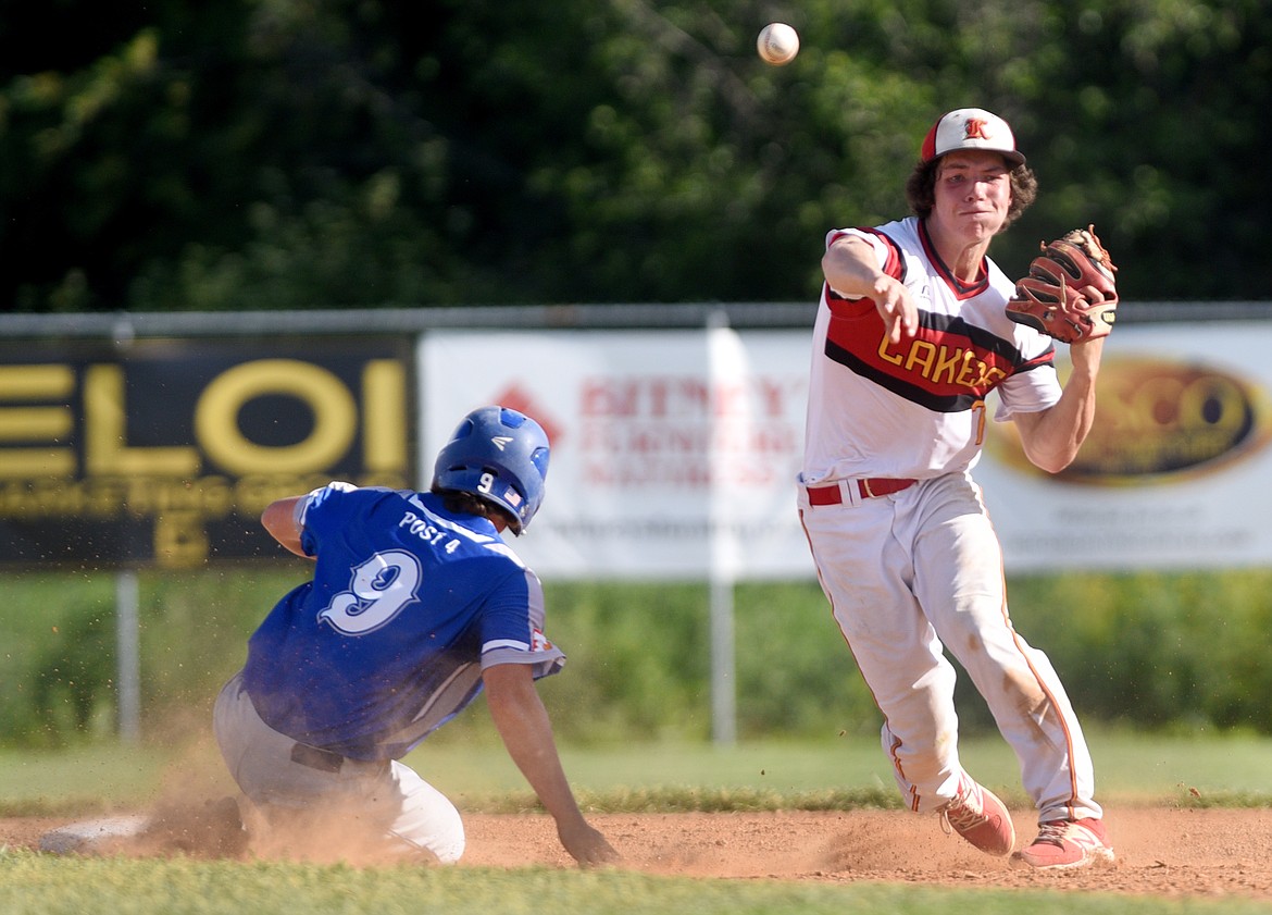 Kalispell Laker shortstop Randy Stultz throws to first base in an attempt of a double play against Billings in the top of the second inning. (Aaric Bryan/Daily Inter Lake)