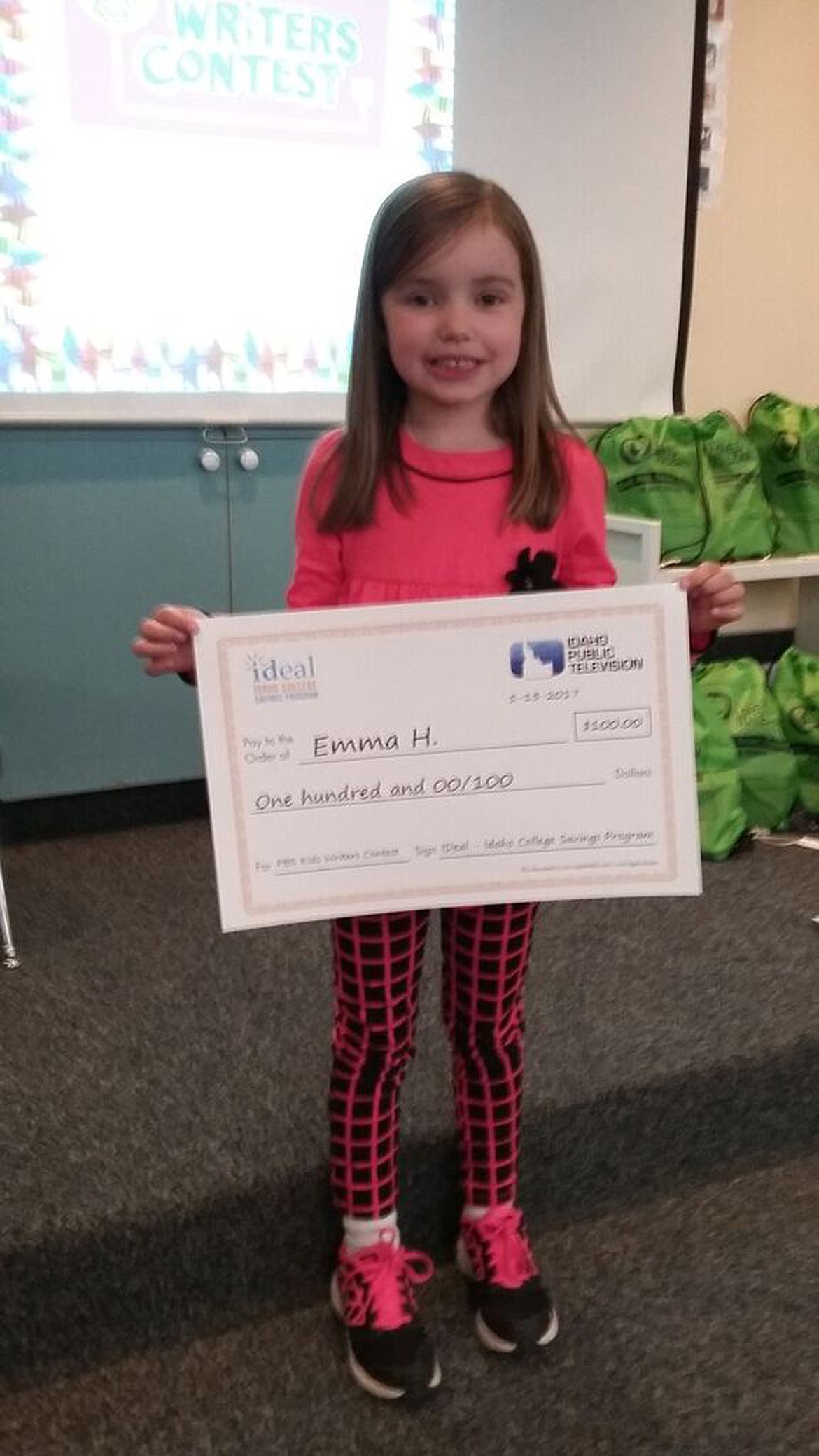 (Courtesy photo)
Kindergartner Emma Hazard, of Sandpoint received a $100 contribution to her IDeal &#151; Idaho 529 College Savings Program &#151; account after she was selected as a winner in the PBS Young Writers Contest. The winning students were selected by Idaho Public Television from nearly 600 entries across the state, and are among thirty-five total winners in three Idaho regions.