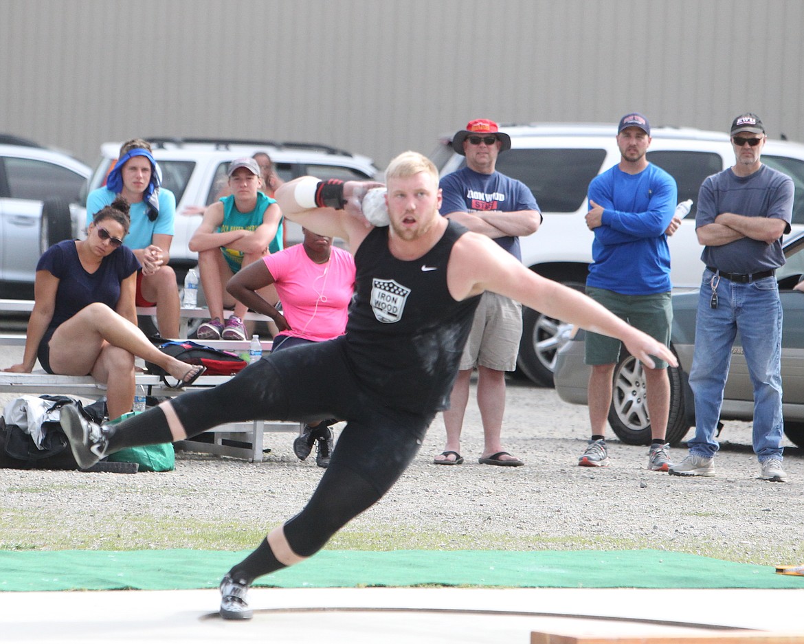 David Pless of the IronWood Throws Club makes an attempt during the shot put portion of Saturday&#146;s IronWood Throws Classic in Rathdrum.

JASON ELLIOTT/Press