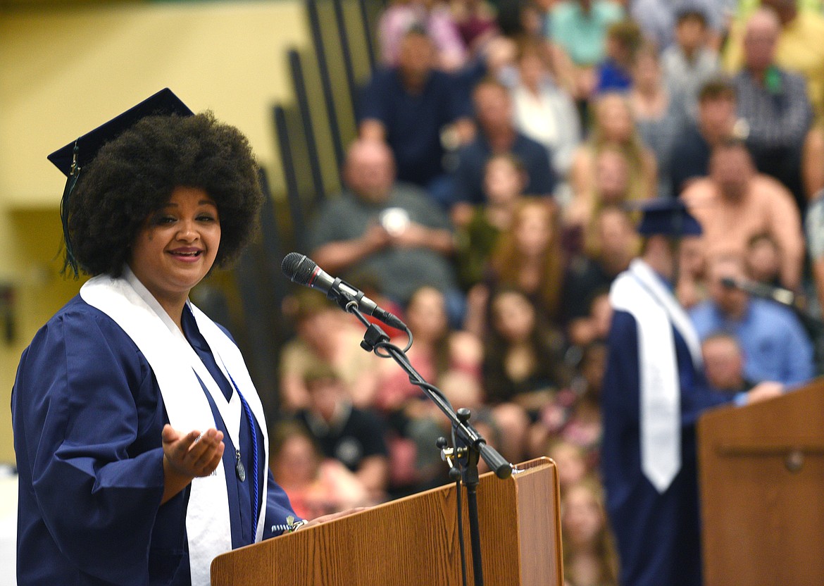 Glacier graduate Riley Wilton speaks during the Commencement Ceremony. Wilton and Brock Adkins were Masters of Ceremony at the graduation. (Aaric Bryan/Daily Inter Lake)