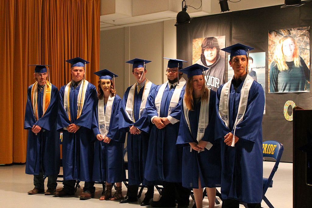 Charles H. Featherstone/Columbia Basin Herald - The Wilson Creek School class of 2017 (R-L): Salutatorian Tyle Bise, Valedictorian Chance Garrett, Jessica Gray, Samuel Hochstatter, Colby Miller, Rheanna Skidmore, and Colton Minoletti.