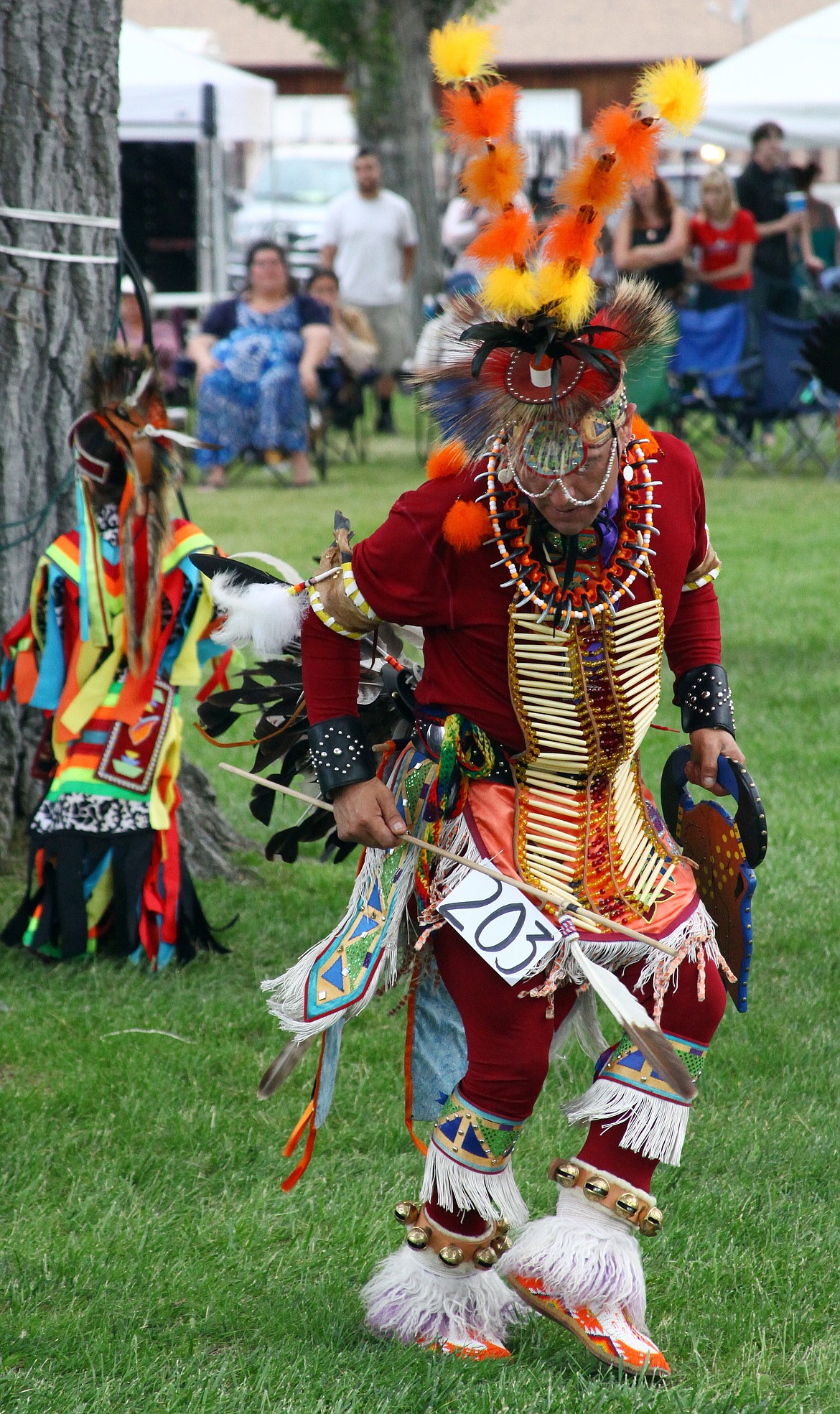 Rodney Harwood/Columbia Basin Herald
One of 50 dancers at the fifth annual Soap Lake Powwow demonstrates men&#146;s Traditional dancing during the grand entry Saturday at Smokiam Park.