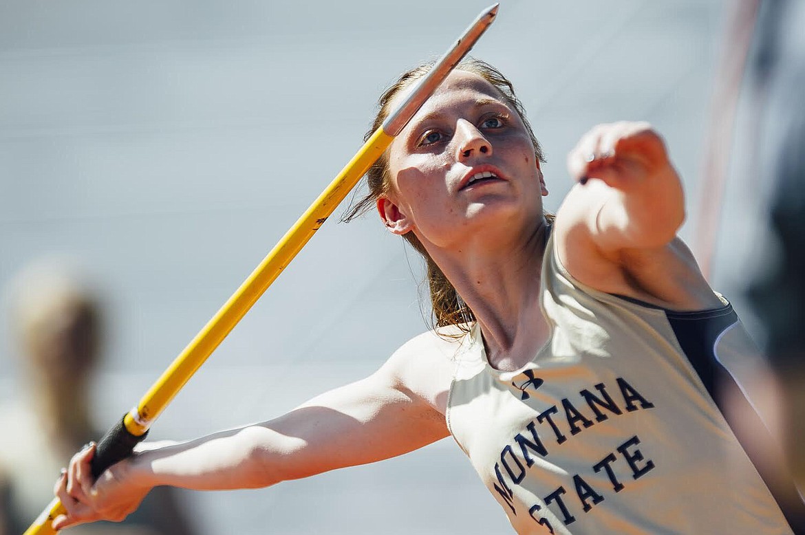 FORMER PLAINS High School track standout Carley VonHeeder throws a javelin for Montana State University during competition in her freshman season in 2017. (photo courtesy of Carley VonHeeder)