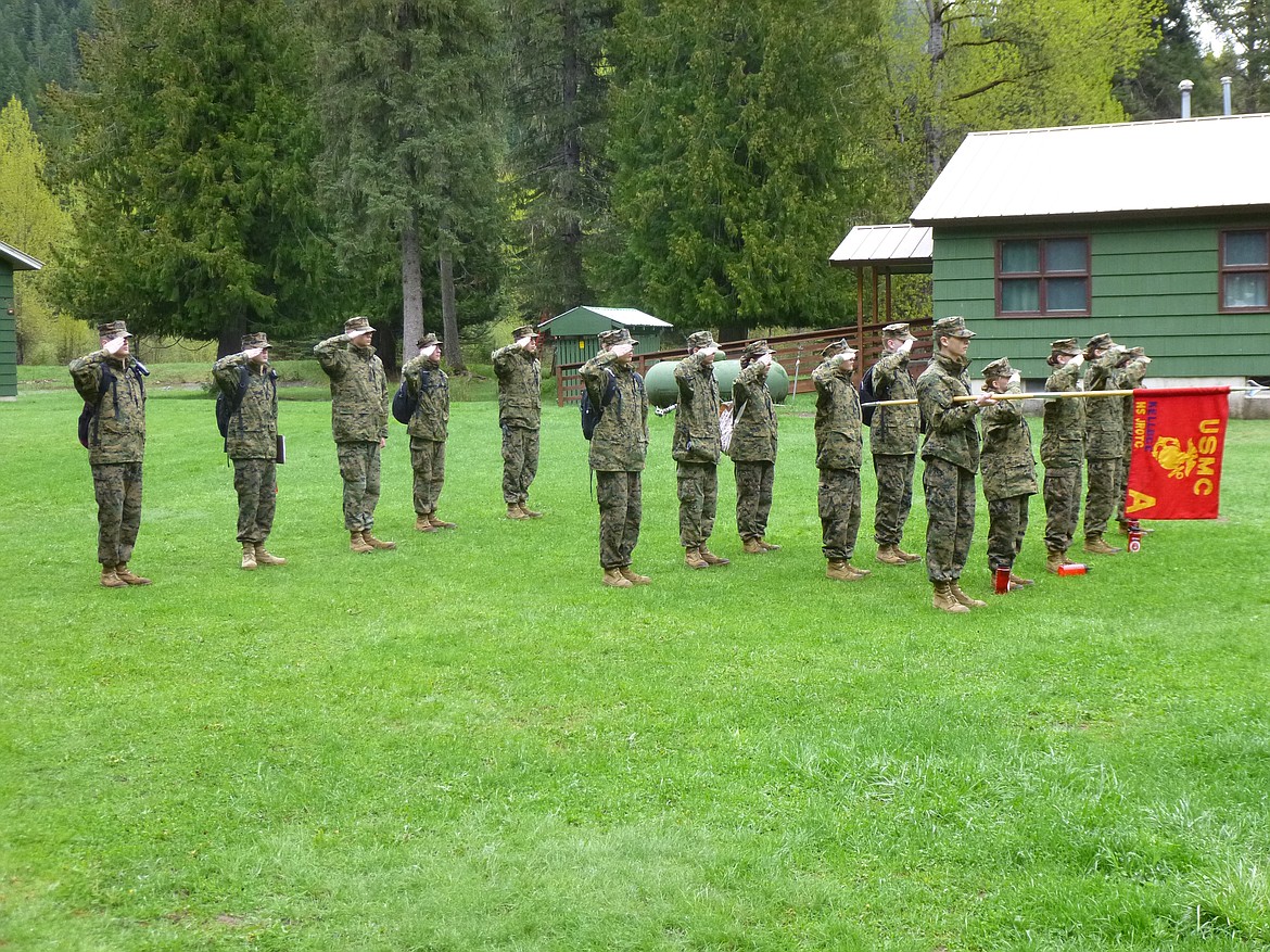 Courtesy photo
Cadets during a morning colors ceremony at their recent leadership camp held at Shoshone Base Camp.