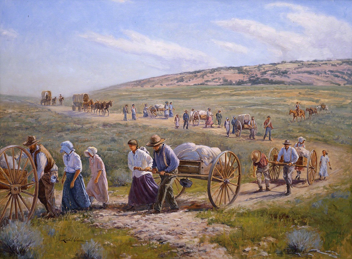 Painting by E. KIMBALL WARREN
Mormon settlers heading west near South Pass, Wyo.