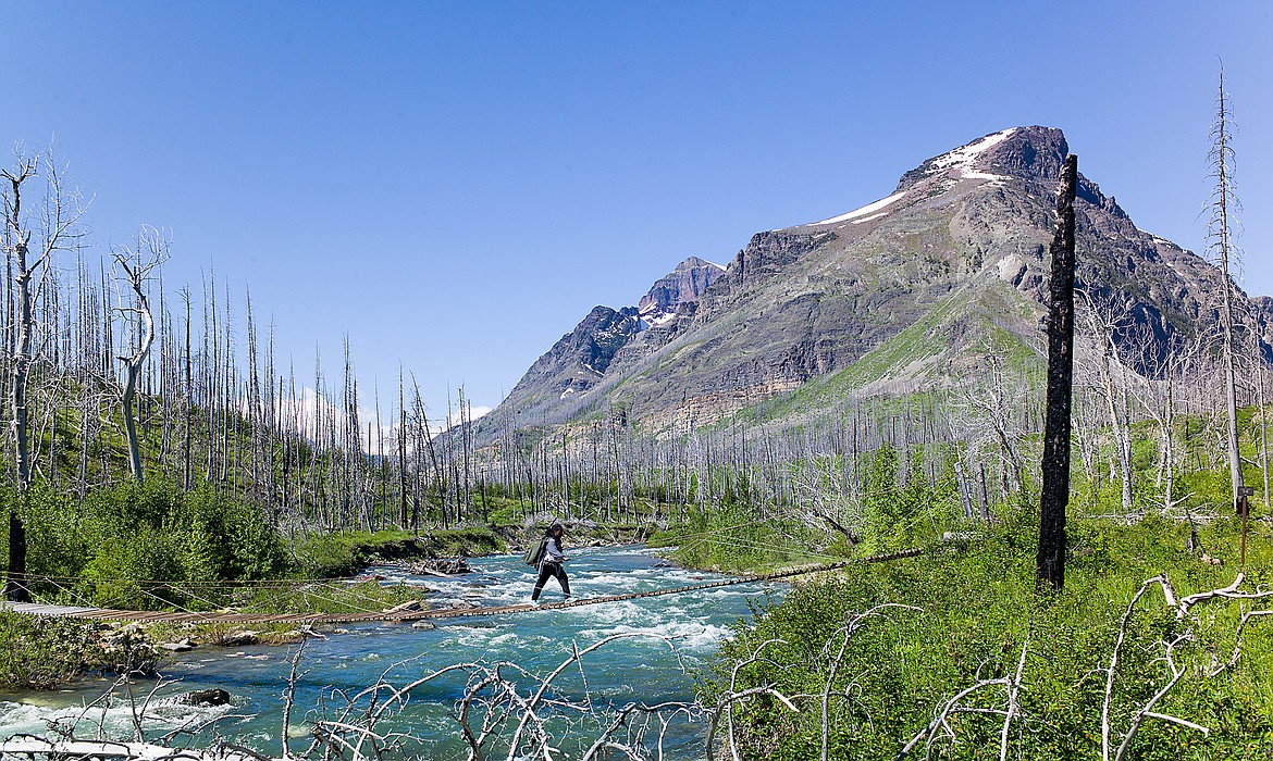 A hiker crosses one of two suspension bridges over Red Eagle Creek.