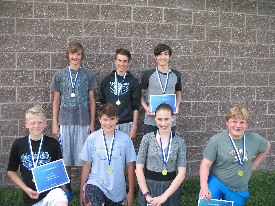 These Columbia Falls eighth-graders were selected as &quot;Most Improved.&quot; Back row from left, Dylan Schaeffer, James Role, Aidan Worthey. Front row from left, Phillip Bruinsma, Luke Sova, Chloe Coberley, and Sebastian Horn. (Photo provided)