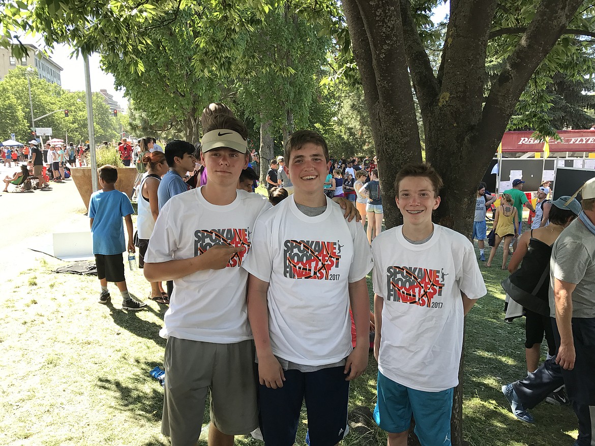 Courtesy photo
Post Falls team &quot;Carmelo Apples&quot; lost 20-15 to &quot;Westies&quot; of Seattle in the championship game to finish second in its ninth-grade bracket this past weekend at Hoopfest in Spokane. From left are Keaton Landon, Mason Miller and Tyler Arnone. Not pictured is Tony Nelson.