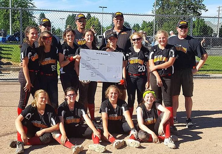 Courtesy photo
The Northwest Wildfire 14-and-under ASA girls softball team went 6-0 and took first place in the USA Explosion Tournament in Coeur d&#146;Alene on June 23-25. In the front row from left are Chloe Melton, Hope Bodak, Abby Gray and Chloe Flechsing; second row from left, Aubree Chaney, Alexis Mitchell, Skylar Burke, Phoebe Schultze, Sarah Salyer, Allison Russum and Madison McDowell; and back row from left, coach Scott Flechsing, coach Cory Bodak, coach Mike McDowell and coach Gary Schultze.