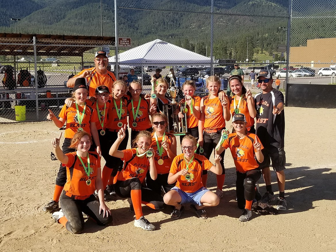 Courtesy photo
The Post Falls Blast 12-and-under fastpitch softball team took first place at the Fury Fastpitch Summer Sizzler in the 12U division June 24-25 at Frenchtown (Mont.) High. After pool play on Saturday, the Blast beat the tournament hosts Fury 12U, MT Avalanche&#8211;Gagner, and the Polson Purple Wave teams on Sunday in single-elimination bracket games. In the front row from left are Alexia McCurdy, Elizabeth Carter, Emma Aldrich, Jaelei Davis and Cienna Walls; second row from left, Kate Barnard, Jorja Zimmerman, Sophia Solberg, Aurora Piploly, Kailey Cramer, Ivy Carter, Kara Blettner, Alex Torres and coach Chadd Aldrich; and rear, coach Tony Walls. Not pictured is Sofia Morales. The Blast is having tryouts for girls born between 2003-2007 July 6, 7, 13 and 14 at 6 p.m  at Post Falls High School.