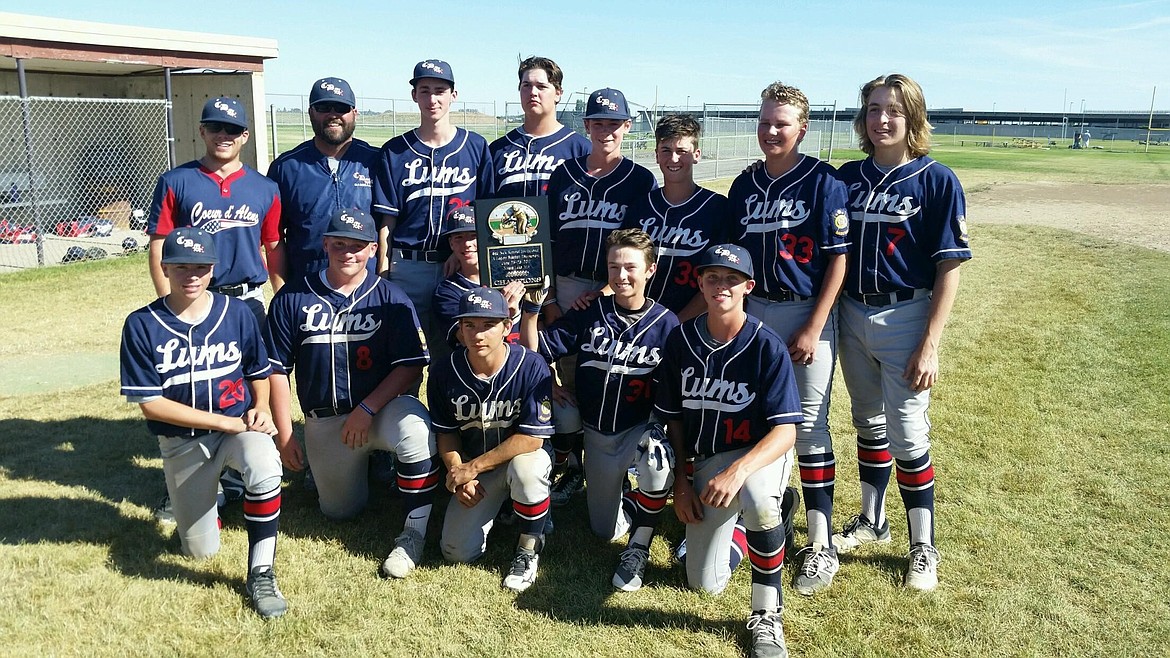 Courtesy photo
The Coeur d&#146;Alene Lumbermen 16-and-under Legion baseball team went 5-0 last weekend to win the Sgt. Nick Kimmel Invitational &#147;A&#148; Legion tournament in Moses Lake, Wash. For the tourney, the Lums had a combined team .395 BA and .496 OBP. Brandon Filler provided the pop in the middle of the order and Alex Karns threw a complete game in the semifinals against the Moses Lake Sun Devils. The Lums won the championship game 15-14 against the Walla Walla Griz in the bottom of the seventh with a walk-off hit by Riley Smith. In the front row from left are Payton Childers, Brandon Filler, Riley Smith (behind plaque), Wiley Luckett, Seth Hanson and Alex Karns; and back row from left, assistant coach Brett Robbins, head coach Tyson Davis, Michael Wilkins, Bode Bailey, Landen Thompson, Jake Brown, Landon Vergeer and Cooper Grohs. Not pictured are Jackson Scherr and Mickiah Swarner, who played Friday.