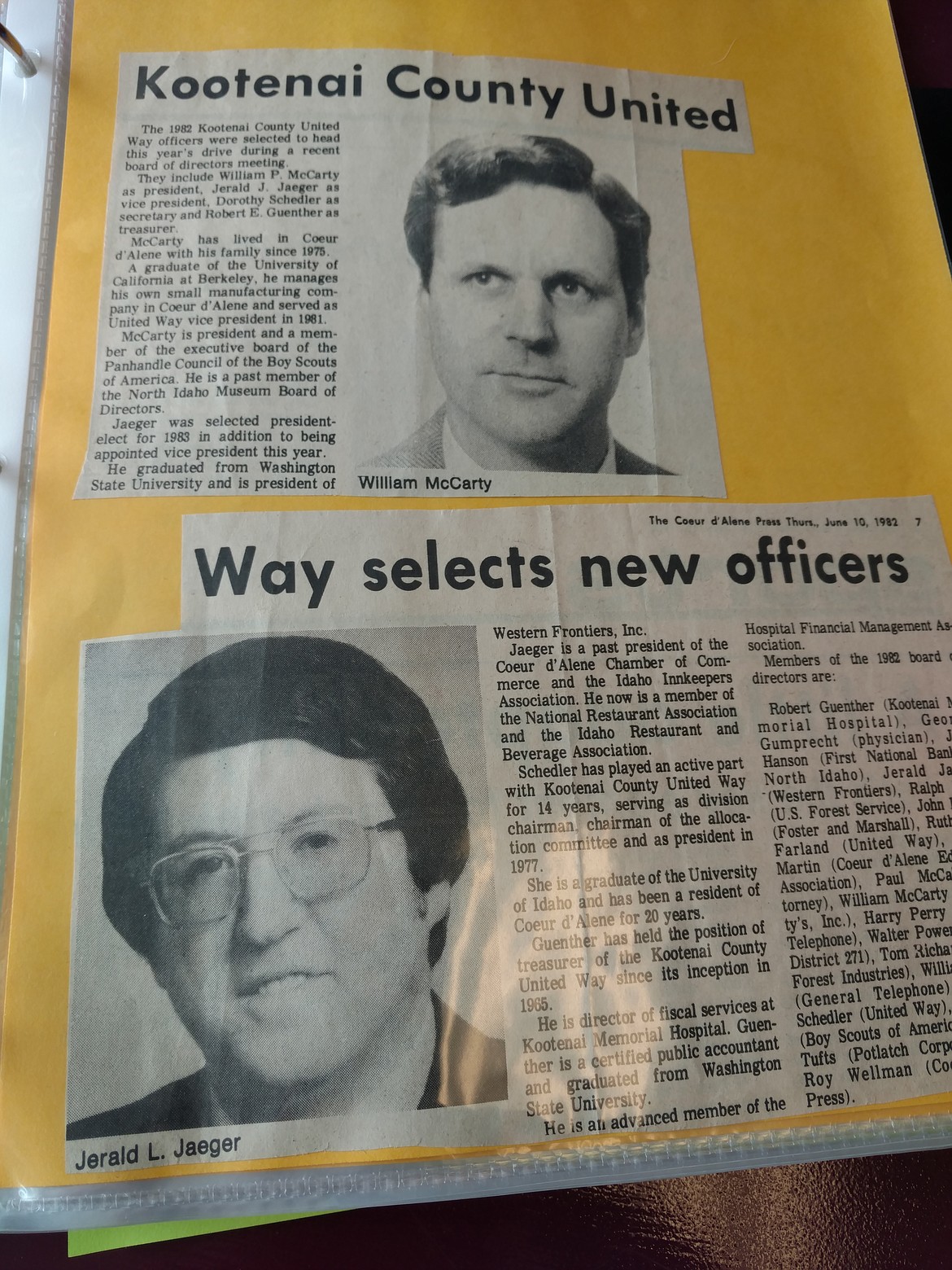 Hagadone Hospitality president and co-founder Jerry Jaeger, bottom photo, is seen here in this Press clipping announcing that he was selected as president-elect of the 1982 Kootenai County United Way (now United Way of North Idaho) fundraising drive. UWNI has attracted several prominent people to its leadership through the years, including Jaeger, Mayor Steve Widmyer and the Knudtsen family.