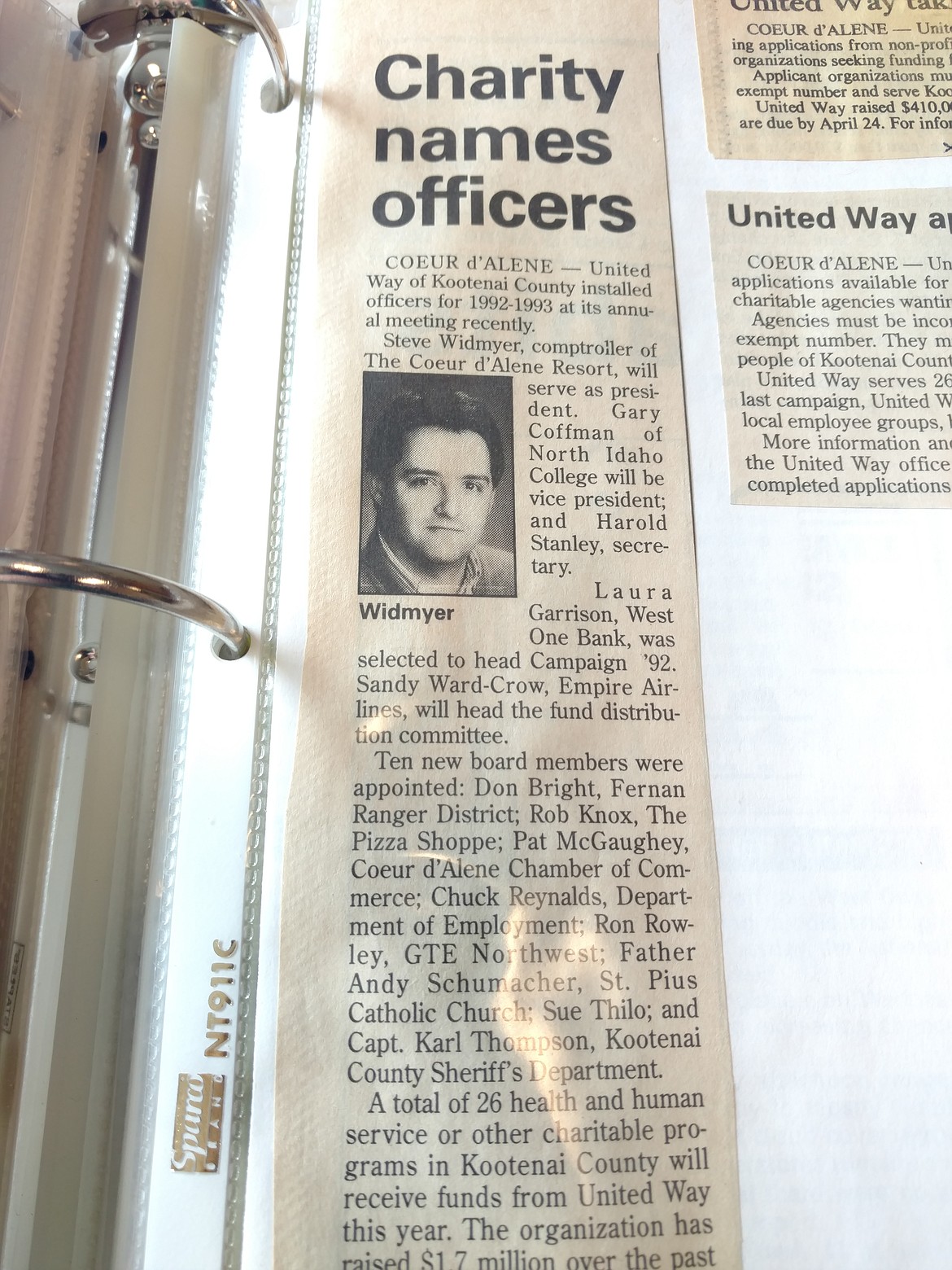 This Press clipping in a United Way of North Idaho scrapbook announced that to-be Coeur d&#146;Alene Mayor Steve Widmyer would serve as president of the nonprofit from 1992-1993. This year marks the 60th anniversary of the organization, which works with partners in the community to raise funds for education, healthcare, homelessness and other issues.
