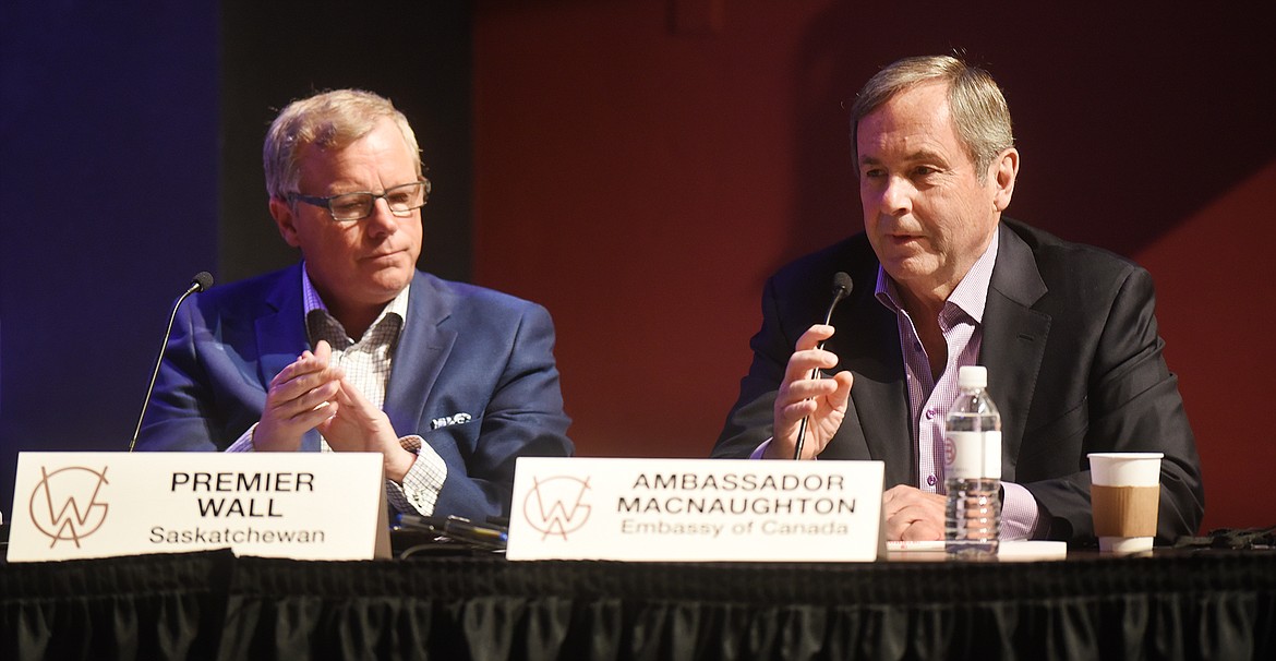 Premier Brad Wall of Saskatchewan, left, and Ambassador David MacNaughton make opening remarks at &#147;Roundtable 1: Connecting Canada and the West,&#148; at the start of the Western Governors&#146; Association meeting on Monday at the Whitefish Performing Arts Center.