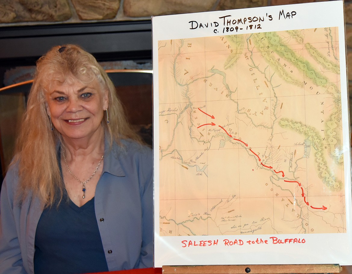 Linda Haywood shows the map from David Thompson&#146;s Journal that outlilned the&#146; Saleesh Road to the Buffalo&#146; upon which the road signs and the new festival are based. (Marla Hall/Clark Fork Valley Press)