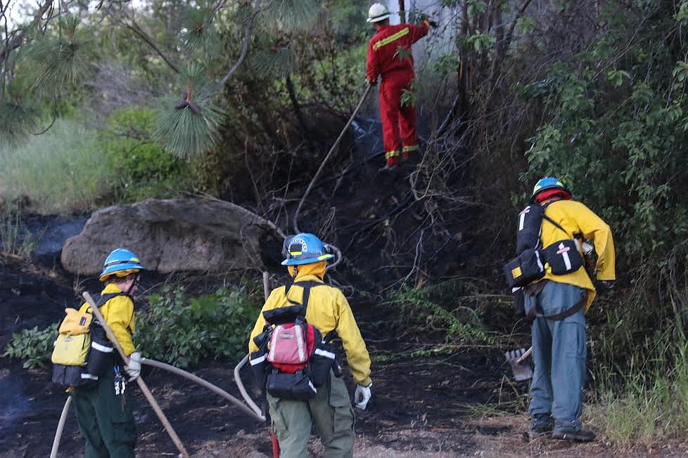 Photo by Mandi Bateman
A fire broke out on Riverside Road, just west of the city limits, on Sunday, June 25, around 8 p.m. A large tree caught fire, along with the surrounding brush. North Bench Fire Department responded, with assistance from South Boundary Fire Department, who brought a water tender. The fire was contained quickly by the crew. The area is a notorious hotspot as tourism increases, and people throw lit cigarette butts out of their car windows. &#147;Out here, it seems the last couple of years, we&#146;ve had it in July or August,&#148; said North Bench Fire Chief Gus Jackson, who was the incident commander at the scene.