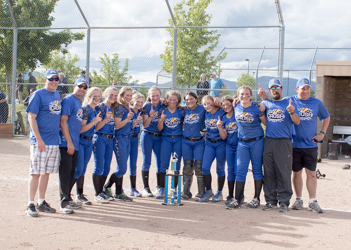 Courtesy photo
The Coeur d&#146;Alene Crush &#146;04 won the championship at the 12U Crush fastpitch softball tournament in Post Falls on June 17-18. The Crush won all of their pool play games to become the No. 1 seed in bracket play. In pool play, the Crush beat the North Idaho Bombers 20-5, the Boise Blast 9-1, DryIce 11-2 and the Post Falls Blast 12-1. In bracket play Sunday, the Crush beat the Boise Blast 12-4, as Alexis Blankenship hit an over-the-fence home run. In the championship game, the Crush beat the Post Falls Blast 13-1. From left are coaches Tim Rice and Sean Cleave; players Ally Bell, Kara Lallatin, Kaylyn Rice, Madi Cleave, Brynn Tolzmann, Alexis Blankenship, Alyssa Krause, Kristine Schmidt, Catherine Bakken and Matea Dorame; and coaches Mike Dorame and Bob Schmidt. The Crush is now 25-3-1 on the season.
The previous week, the Crush placed third in the Gold Bracket at the 12U KGSA fastpitch softball tournament in Spokane on June 9-11. The Crush won all of their 12U pool play games to make the Gold Bracket. In the quarterfinals, the Crush beat the Washington Sun Rays 3-2, then lost 12-11 to the Spokane Mudhens.