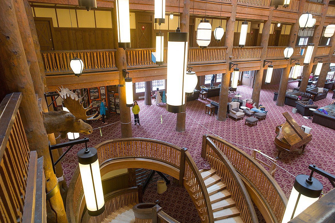 The interior of the Many Glacier Hotel.