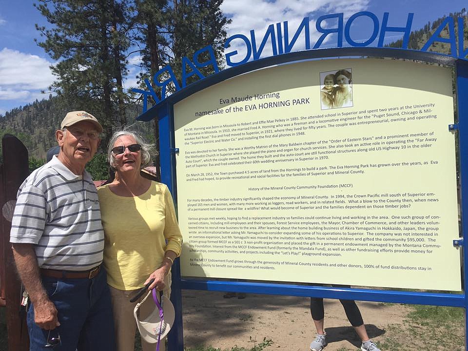 Eva Horning&#146;s grandson Charles and his wife, Mary Ann Horning, from Washington State attended the unveiling of signs at the Eva Horning Park in Superior on Sunday, June 4. (Photo courtesy of the Mineral County Community Foundation).