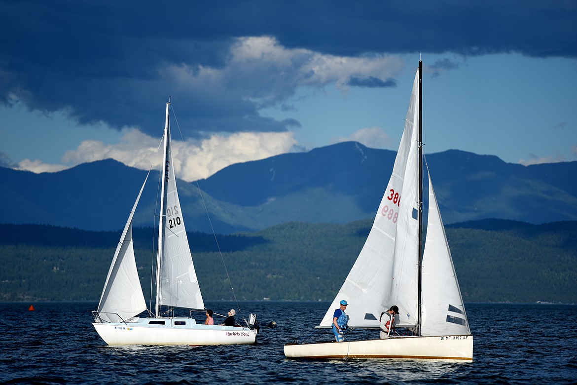 Sailboats marshaling before the start of the Del&#146;s Tuesday Night Series race on Tuesday, June 20, near Somers.(Brenda Ahearn/Daily Inter Lake)