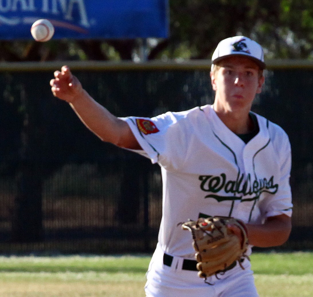 Rodney Harwiid/Columbia Basin Herald
Walleyes shortstop Sawyer Jenks makes the throw to third base during the first game of Thursday's doubleheader against the Yakima Junior Beetles at Larson Playfield.