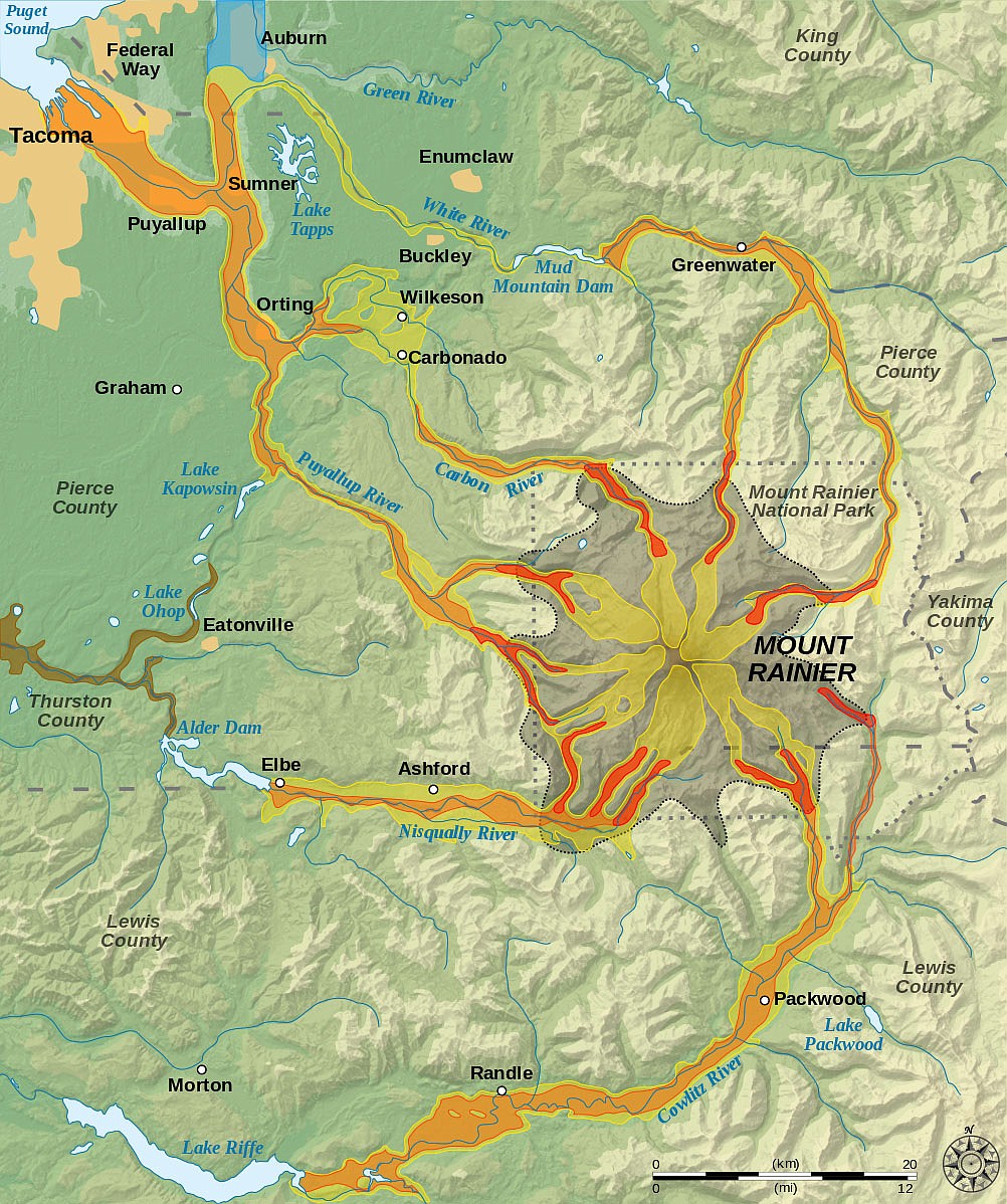 PUBLIC DOMAIN
Where the life-threatening flows will go if Mount Rainier erupts again.