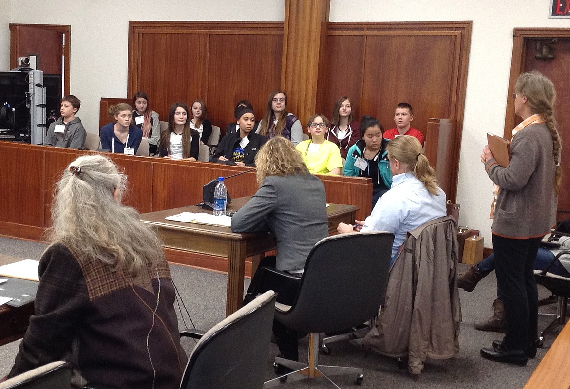 Libby Middle School seventh and eight grade students participate in a mock trial at Lincoln County Courthouse on May 9. (Courtesy Photo)