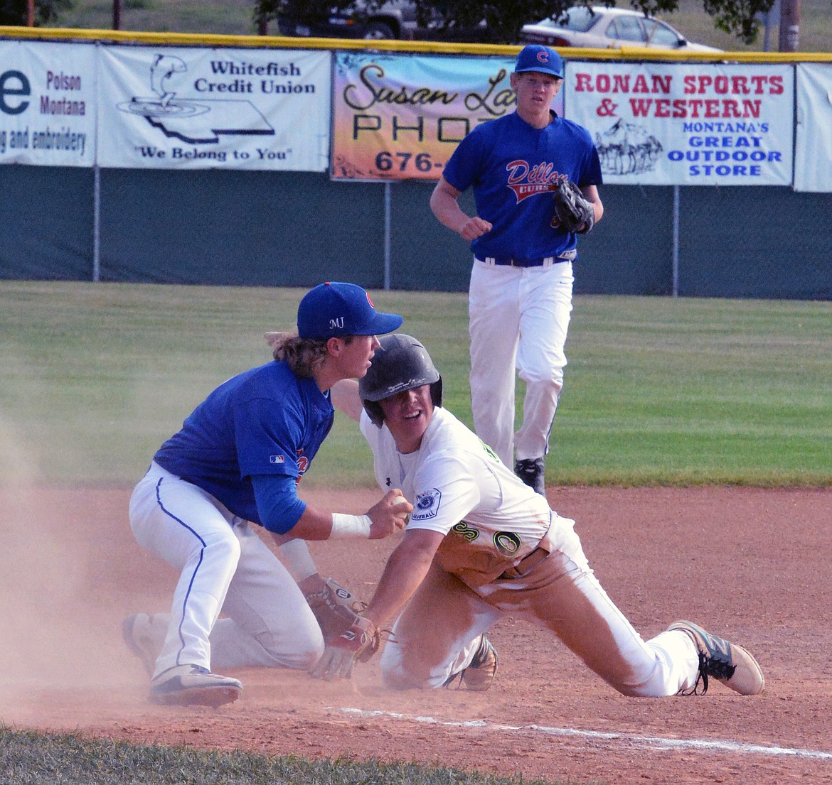 MISSION VALLEY Mariners' Tyler Kelsch slides into the third base in a game against the Dillon Cubs Saturday afternoon at Mission Valley Mariners' Stadium. (Jason Blasco/Lake County Leader)