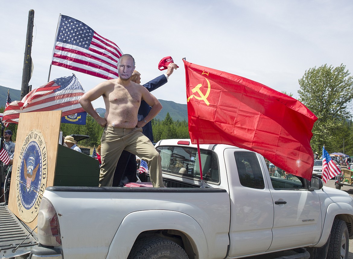 &#147;Vladimir Putin&#148; and &#147;President Trump&#148; together on a whimsical float in the Polebridge Parade Tuesday. (Chris Peterson photo)