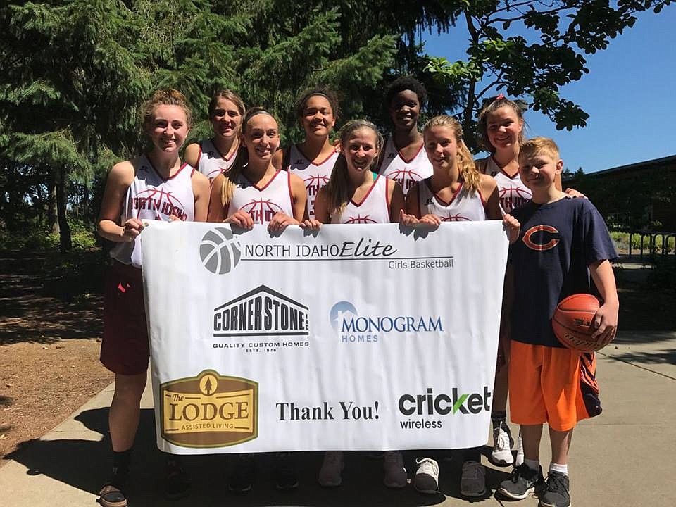 Courtesy photo
The North Idaho Elite high school girls club basketball team finished the first half of the July college evaluation period posting a 9-2 record and bringing home two trophies. In the front row from left are Kate Sams, Bayley Brennan, Mady Simmelink, Rachel Schroeder and ball boy Jordan Carlson; and back row from left, Melody Kempton, Keara Simpson, Bella Murekatete and Quincy McDeid.