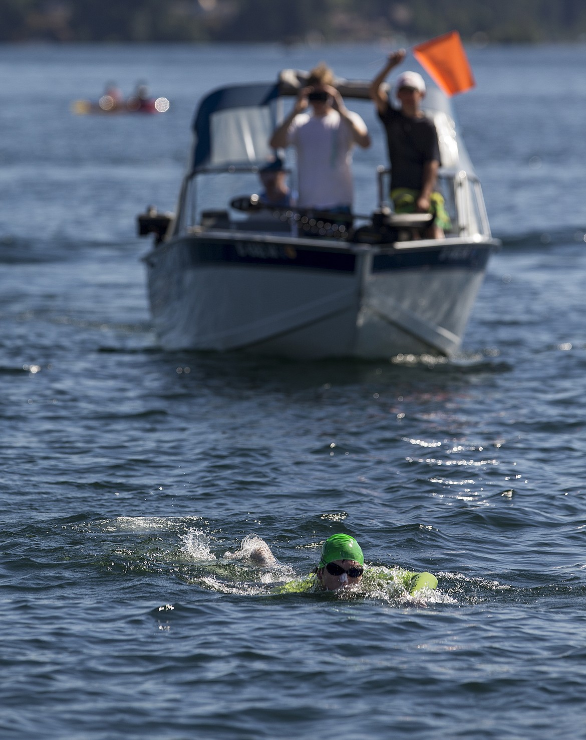 LOREN BENOIT/PressPeter Neirinckx, of Coeur d'Alene, swam more than 18 miles from Harrison to Coeur d'Alene to celebrate his 50th birthday. He is seen here approaching at Independence Point.