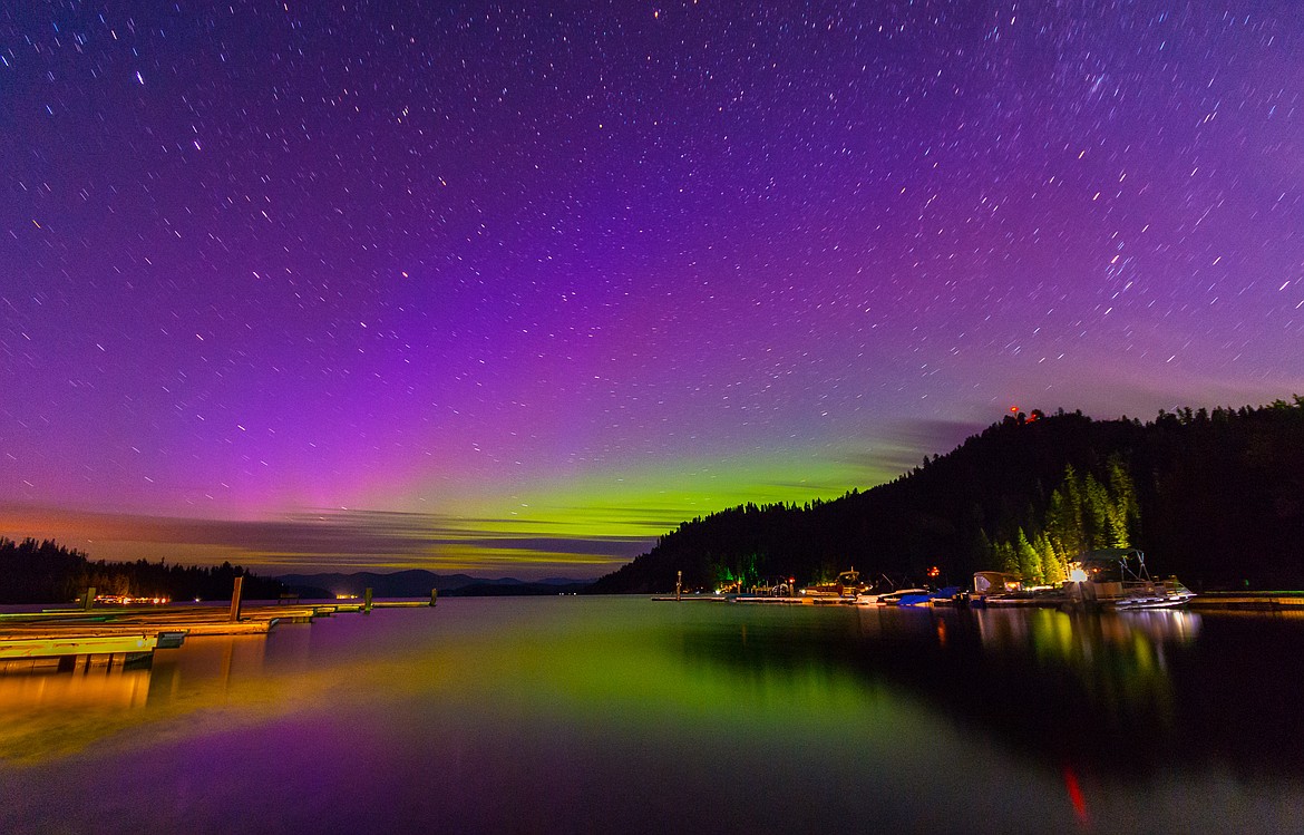 By CHRIS CHAFFEE/Lightbenders 
The northern lights appear in this photo taken early Monday by Chris Chaffee of Post Falls. Chaffee captured the image around 12:55 a.m. while looking north-north east from the south end of Priest Lake at Cavanaugh Bay marina. &#147;Long time exposure with a camera reveals the rich colors that the naked eye could barely see,&#148; Chaffee said.