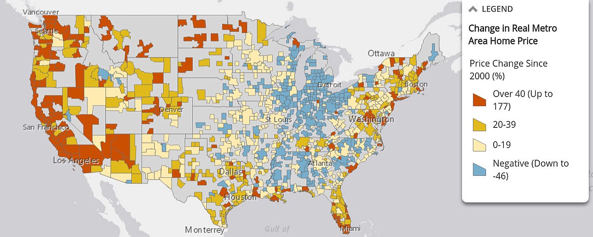 Image by Harvard Joint Center for Housing Studies
The national average of home prices rose 32 percent between 2000 and 2016, but the changes varied across the country. The Coeur d&#146;Alene Metro Area experienced a 51.5 percent housing price increase since 2000 and prices are only 17.3 percent lower than the peak in 2006.