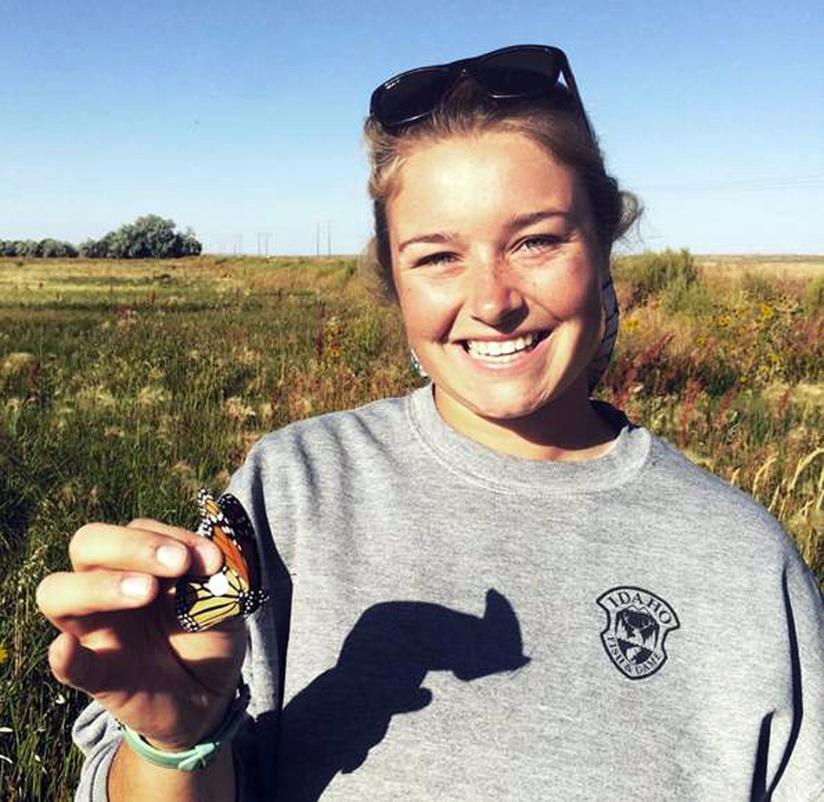 (Photo courtesy IDAHO DEPARTMENT OF FISH AND GAME)
IDFG technician Kat Findlay displays a tagged monarch butterfly she is about to release at Market Lake Wildlife Management Area.